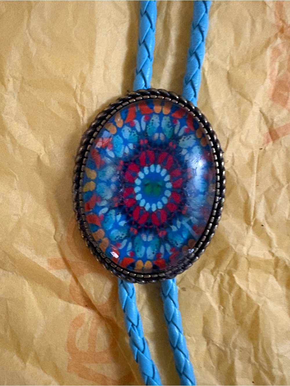 Blue Multicolor Oval Pendant Braided Cord Necklace